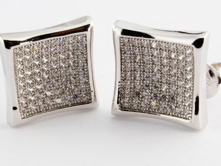 Sterling Silver Rhodium Finish CZ Stone Curve Center Square Stud Men s Earrings For Cheap