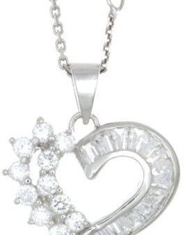 Silver Curved Heart Shape Accented Crystal Women Necklace 18 inch Chain Pendant on Sale