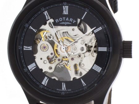 Rotary Mens Black & Skeleton Dial Black Leather Strap Skeleton Watch GS00159 10 Sale