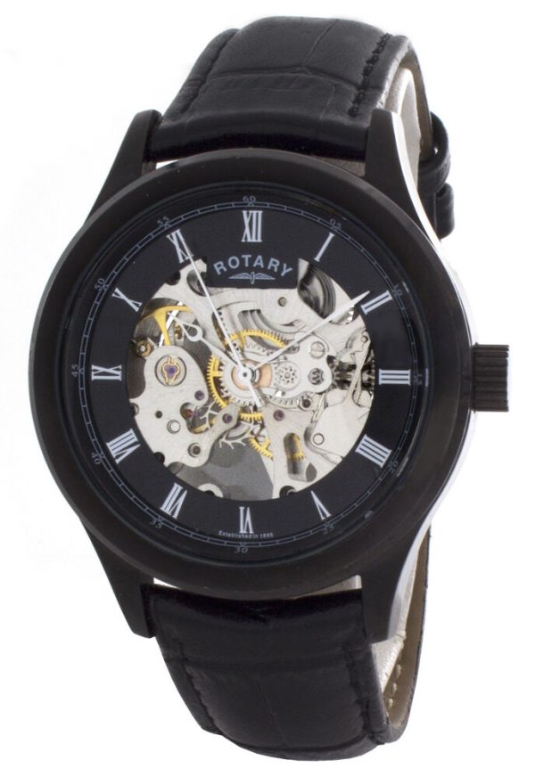 Rotary Mens Black & Skeleton Dial Black Leather Strap Skeleton Watch GS00159 10 Sale