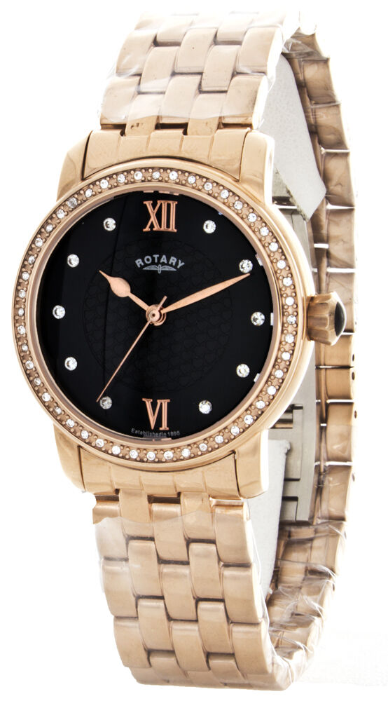 Rotary Women s Rose Gold-Plated Black Dial Watch LB00122 13 Hot on Sale