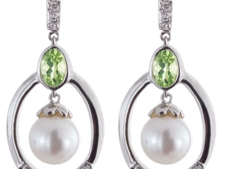 14K White Gold Genuine Diamond, Peridot, and Pearl Hanging Womens Earrings Online