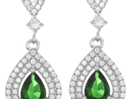 925 Sterling Silver White& Emerald CZ Tear Drop Hanging Womens Earrings Supply