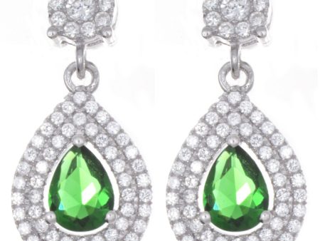 925 Sterling Silver White & Emerald CZ Tear Drop Hanging Womens Earrings Fashion